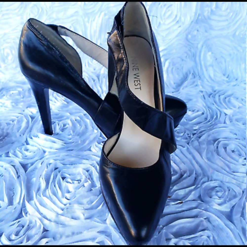 Nine West Black Leather D'Orsay Strappy Almond Toe Platform Cone Heels Size 6 M